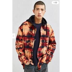 Urban Outfitters Mens Medium Bleached Hood Flannel Button-Down Shirt Red Orange